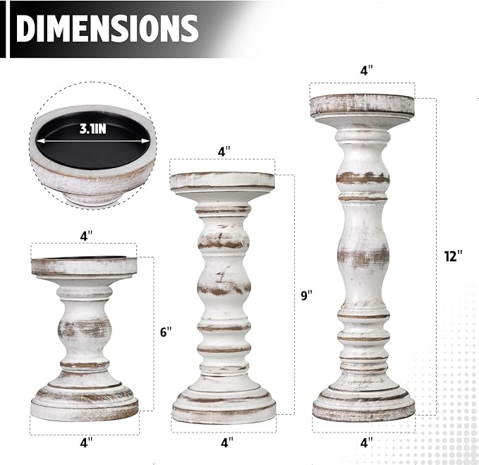 Candle Holder for Pillar Candle Set of 3, Farmhouse Wood Candle Holder, Rustic Wooden Candle Stand, Vintage Tall Candle Stand Decorative for Living Room, Table Centerpiece (Antique White)