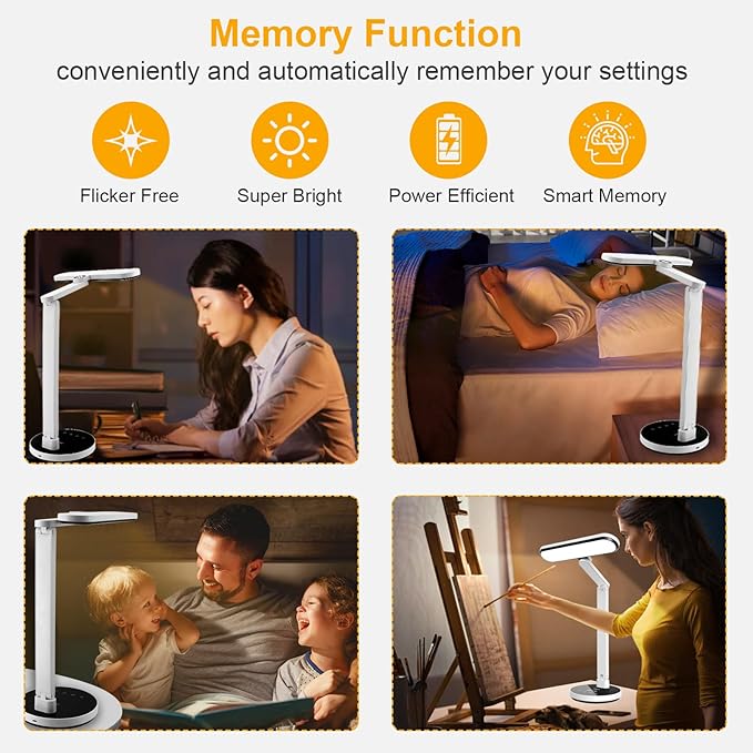 Miady LED Desk Lamp Stepless Dimming for Office Home, 15/30/45 Minutes Auto-Off Timer, 6 Lighting Brightness Levels with Adjustable Arm, Eye-Caring Reading Light for Table Bedroom Study