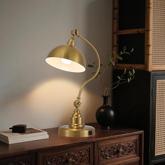 Vintage Brass Gold Desk Lamp Decorative Table Lamp for Home Office Living Room Bedroom Desk Light, Rustic Industrial Farmhouse Antique Library Study Desk Lamp E26 LED Bulb Included