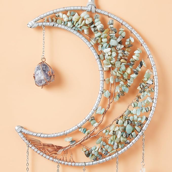 Agate Gemstone Big Dream Catcher 7 Chakra Tree of Life Dream Catcher with Crystal Stones Handmade Dreamcatcher Wall Decor for Adults Boys Girls,Bedroom,Garden,Bless Gift(Large Aqua Moon)