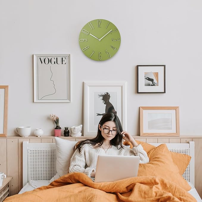 Wall Clock, Silent Clock, Wall Clocks Battery Operated， 12 inch Modern Wall Clock, Suitable for Offices, Living Rooms, Kitchens, Homes, Schools (Yellow Green Without Second Hand)