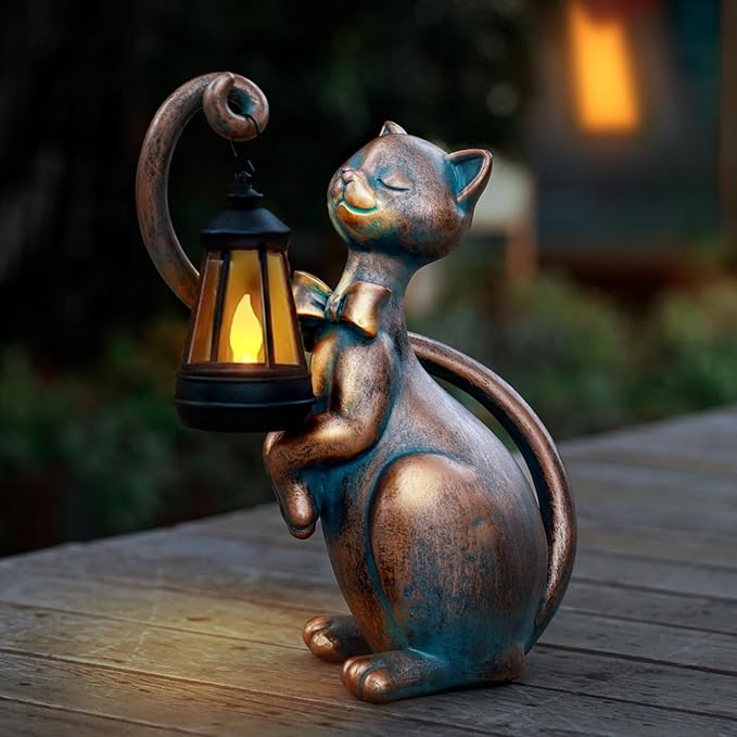 WHIMSYNOOK 10.7" Bronze Cat Solar Garden Statue Light – Cute Kitty Design, Bronze Finish, Solar-Powered LED, Outdoor Yard & Lawn Décor, for Cat Lovers, Mom, and Garden Enthusiasts