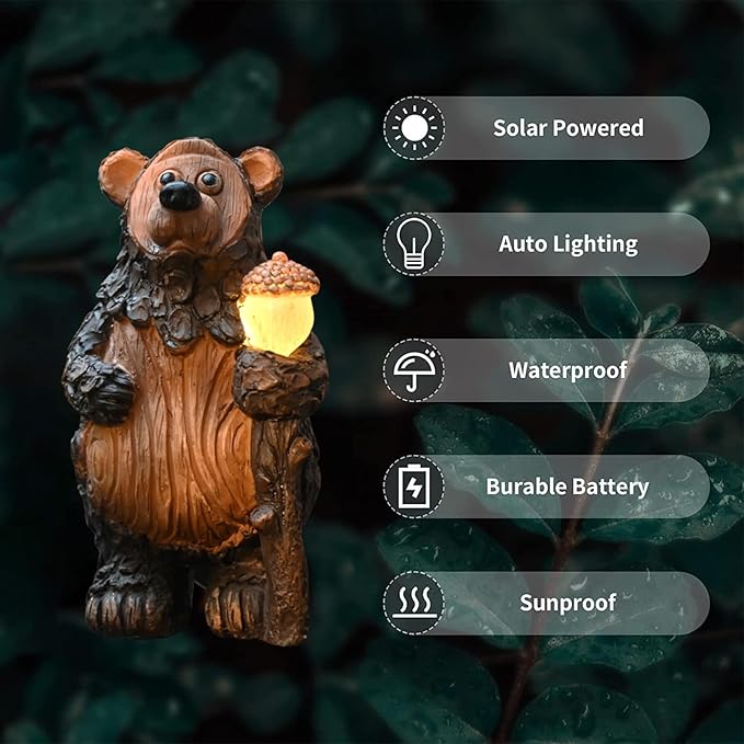 Bear Garden Figurines Outdoor Decor Solar Statue with LED Lights for Patio Lawn Yard Art Decoration Housewarming Garden Gift