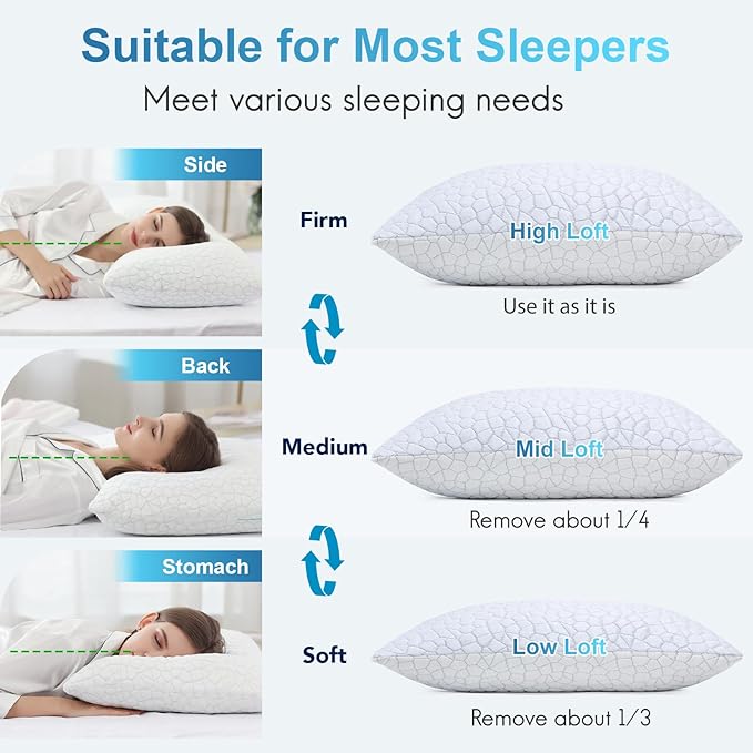 QUTOOL Shredded Memory Foam Pillows for Sleeping Queen Size, Cooling Gel Pillows for Hot Sleepers Adjustable Bed Pillow for Side and Back Sleeper, Breathable, Neck Support, White, Gift for Women Men