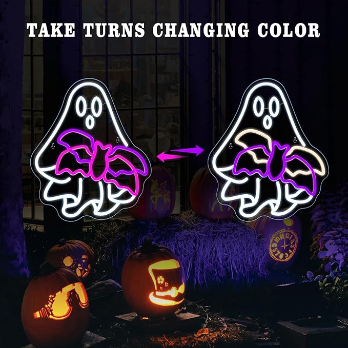 WLHOPE Ghost Bat Halloween Decor Neon Sign Dimmale Neon Lights For Wall Decor Led Lights For Halloween LED Signs Bar Man Cave Club Party Bedroom Game Room Decoration Gifts USB Powered 12.6x15.74in