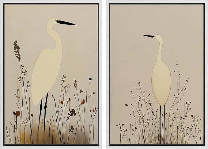 SIGNFORD Framed Canvas Print Wall Art Set Minimalist Heron Art Simplified Shapes in Neutral Tones Illustration Modern Art Decorative Nordic Nature for Living Room, Bedroom, Office - 24"x36"x2 White