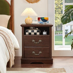 2PCS Farmhouse Nightstands with Charging Station，18" End Table with 2 Drawers，Farmhouse Nightstand with Vintage Handles, Bedside Cabinet for Bedroom for Bedroom, Living Room,Walnut