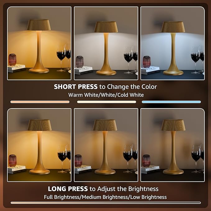 uuffoo Rechargeable Table Lamp, Outdoor Table lamp Cordless with Stepless Dimming & 3 Color Temperatures, Battery Operated Night Light for Patio, Bar, Restaurant, Home, Bedroom, Dining (Gold)