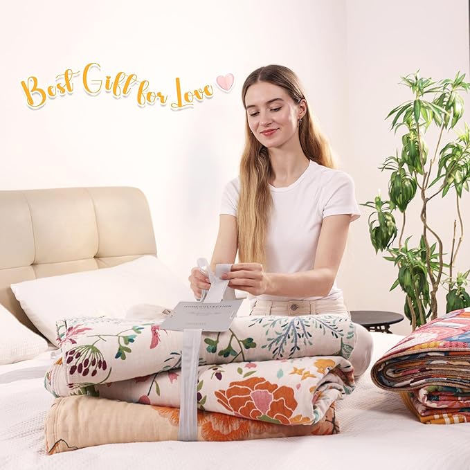 Boho 100% Organic Cotton Large Throw Blanket 50" x 60" - All Season Rustic Ultra Soft Breathable Floral Bird Blanket for Bed Sofa Couch Chair Bedspread Quilt Gift-Teal,Beige