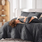 MUXHOMO 5 Pieces Twin Comforter Set, Seersucker Bed in a Bag Twin Size, All Season Luxury Bedding Set with Comforter, Flat Sheet, Fitted Sheet, Pillowcase & Sham, Dark Grey