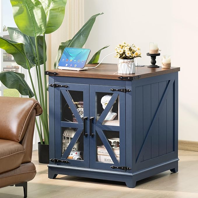 Farmhouse End Table with Charging Station, 24" Large Sofa Side Table with Glass Barn Door, Green Nightstand with Adjustable Storage Shelf, Wood Square Bedside Table for Living Room, Bedroom