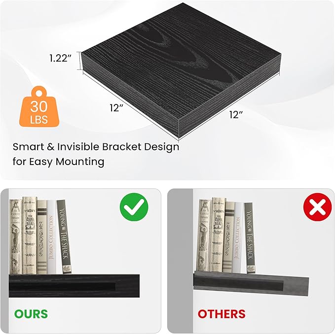 Square Floating Shelves for Wall, 12" W x 12" D x 1.2" H, Small Wooden Wall Mounted Display Shelves with Invisible Brackets for Living Room, Bedroom, Bathroom, Kitchen Decor, Set of 3, Black