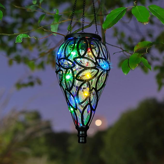 SUNNYPARK Outdoor Plastic Solar Hanging Lantern, 15 Multi Color LEDs Twinkle Effect Tear-Shaped Hanging Lantern Decor Garden Decorative Solar Lights for Backyard, Patio and Lawn