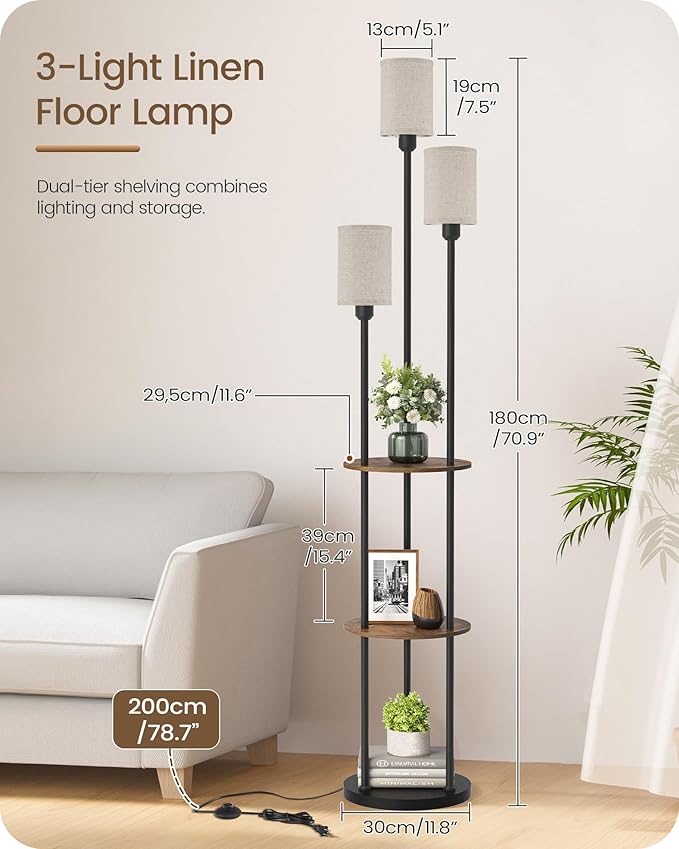 Floor Lamp with Shelves, Modern Floor Lamp with 3 Linen Shades and Foot Switch, 3-Light Standing Lamp, for Living Room, Bedroom, Study, Office, Rustic Brown and Beige EF53LD05
