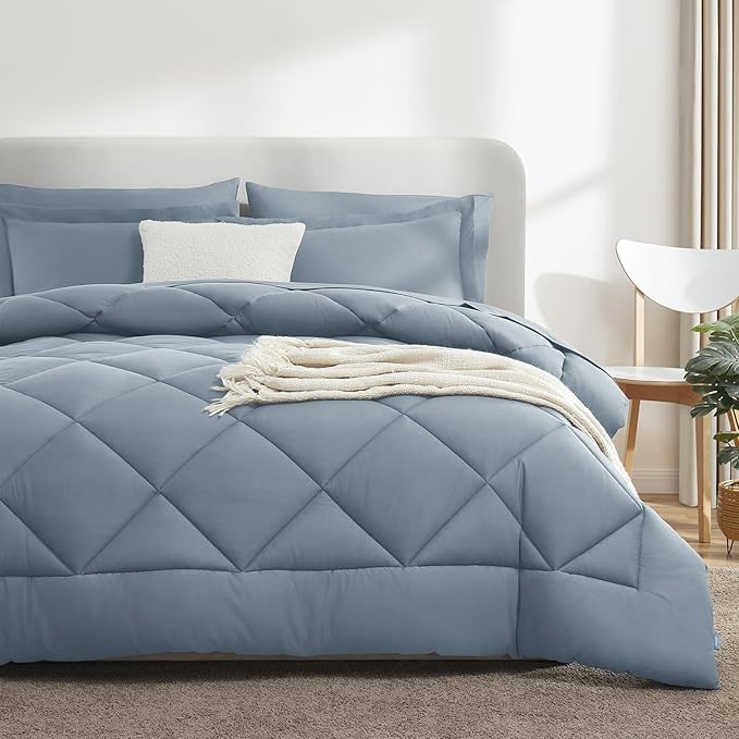 CozyLux Queen Comforter Set Dusty Blue - Bed in a Bag Queen Size 7 Pieces, Luxury Soft Bed Set for All Seasons, Bedding Set with Down Alternative Comforter, Sheets, Pillowcases & Shams, Grayish Blue