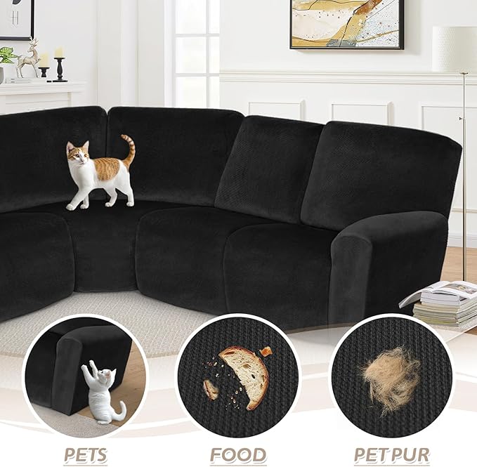 Arfntevss Sectional Recliner Couch Covers Velvet Corner Sectional Sofa Cover for Reclining Couch Stretch Soft L Shape Recliner Slipcover Thick U Shaped Washable Protector (5 Seat Cover, Black)