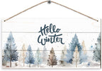 DUXMNAMG Hello Winter Welcome Hanging Wooden Signs 12x6, Pine Tree Decor, Winter Door Decorations, Winter Door Sign, Rustic Winter Christmas Snowflakes Trees Home Room Office Hanging Wall Decor