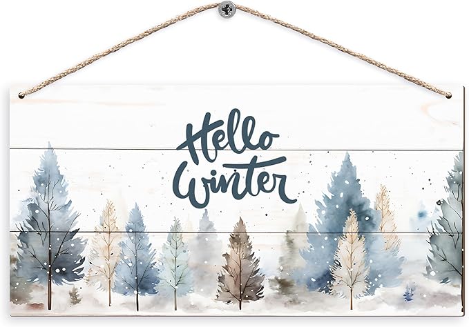 DUXMNAMG Hello Winter Welcome Hanging Wooden Signs 12x6, Pine Tree Decor, Winter Door Decorations, Winter Door Sign, Rustic Winter Christmas Snowflakes Trees Home Room Office Hanging Wall Decor