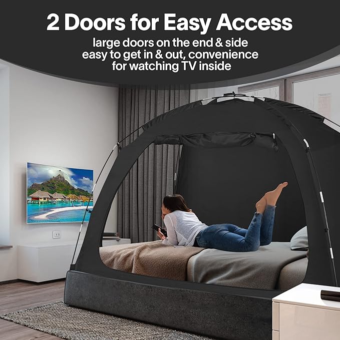 EighteenTek Bed Tent Twin Size Bed Canopy, Light Reducing Sleeping Tent Lightweight Portable Indoor Tent Breathable Privacy Space on Bed with 2 Doors for Adults Kids Autism (Twin, Black)