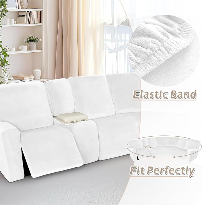 Arfntevss Sectional Recliner Couch Covers Velvet Washable Corner Sectional Sofa Cover for Reclining Couch Stretch Soft Thick L Shape Recliner Slipcover Set (5 Seat with 2 Console Cover, White)
