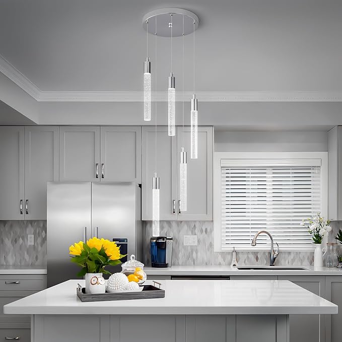 Modern Light Fixture Kitchen Island Pendant Light Dimmable LED Chrome Pendant Lights Mini Crystal Pendant Lighting for Bedroom Dining Room Living Room（5-Light ）