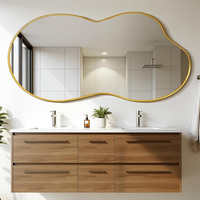 Suidia Irregular Wall Mirror, 55"x28" Bathroom Mirror Asymmetrical Mirrors Artistic Mirrors Decorative for Living Room Bedroom Bathroom Hallway Entryway, Gold, Cloud Style