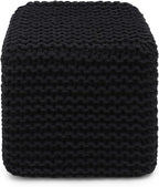 REDEARTH Cube Pouf Foot Stool Ottoman - Hand Knitted Poof - Cord Boho Pouffe - Home Décor - Stuffed Footrest for Living Room - Bedroom - Covered Patio (16" x 16" x 16") - Black