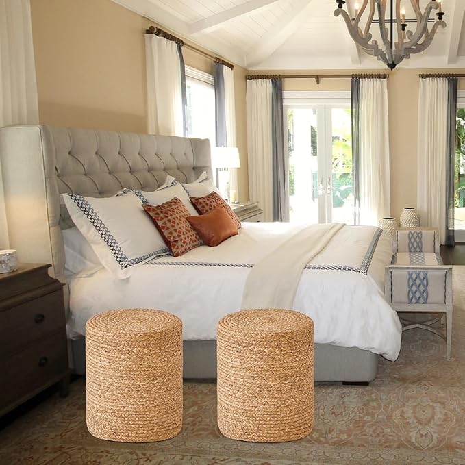 Wimarsbon Round Pouf Ottoman with Wood Frame, Handwoven Natural Water Hyacinth Seagrass Pouffe,Outdoor Rattan Stool Accent Seat, Bohemian Coastal Home Decor (14inch Natural Water Hyacinth)