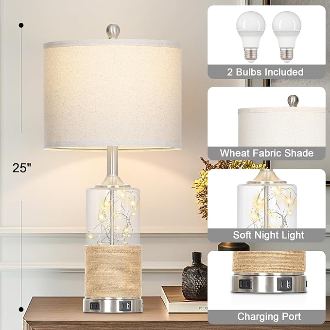 25" Boho Table Lamps Set of 2, Coastal Glass Bedside Lamps with USB A+C Ports and AC Outlet, Rattan Lamp with Night Light for Nightstand Living Room Bedroom, 2 LED Bulbs Included, Silver