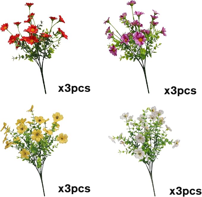 Artificial Outdoor Flowers 12 Bundles Spring Summer Silk Fake Plants Colorful Outside Realistic Wild Flower Plants Vibrant Durable Perfect Front Porch Planter Decoration (Multi Colour 1#)