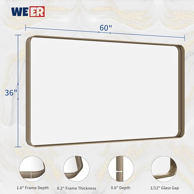 WEER 60x36 Inch Bronze Bathroom Mirror for Vanity, Brushed Bronze Metal Frame Mirror for Wall, Rounded Rectangle Bronze Frame Mirror with Tempered Glass, Anti-Rust (Horizontal/Vertical)