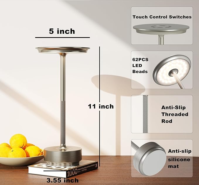 Cordless Table Lamp, LED Rechargeable Table Light with 3 Temp Settings, Stepless Dimming, 5000mAh Battery, USB-C, Memory, Aluminum Alloy, for Home, Patio, Restaurant, Outdoor. Silver