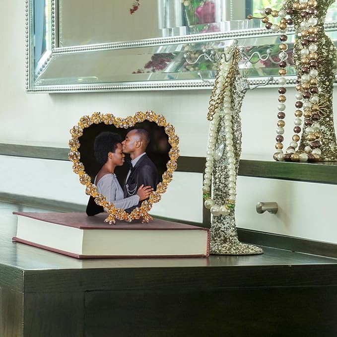 Heart Shaped Wedding Picture Frames for Couple - Beaded Crystal 4x4 Picture Frame – Engagement Gift, Wedding Gift for newlyweds - Fits 3.5x3.5 photo - Valentine Picture Frame (Golden)