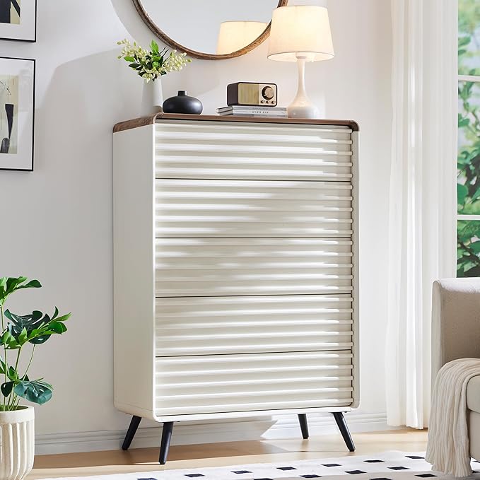 RedLemon 5 Drawers Dresser for Bedroom, 48'' Tall Mid Century Modern Wood Fluted Dresser, Chest of Drawers with Tapered Leg for Bedroom, Living Room, Hallway, Closet,Antuique White