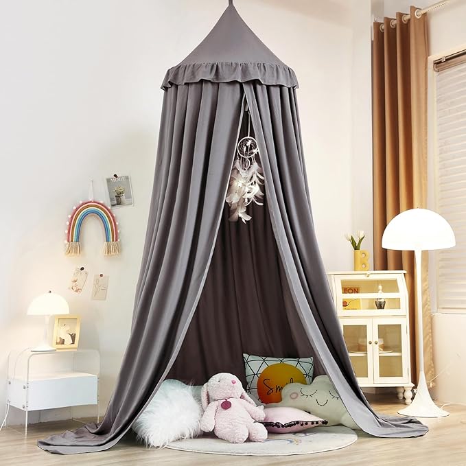 Kertnic Decor Canopy for Kids Bed, Soft Smooth Playing Tent Canopy Girls Room Decoration Princess Castle, Dreamy Mosquito Net Bedding, Children Reading Nook Canopies in Home (Gray)