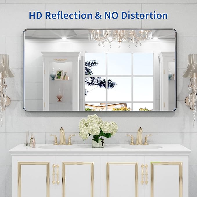 WEER Black Metal Frame Bathroom Mirror, 55x30 Inch Black Bathroom Vanity Mirror for Over Sink Wall, Rounded Rectangle Matte Black Mirror, Anti-Rust, Tempered Glass, Hangs Horizontally or Vertically