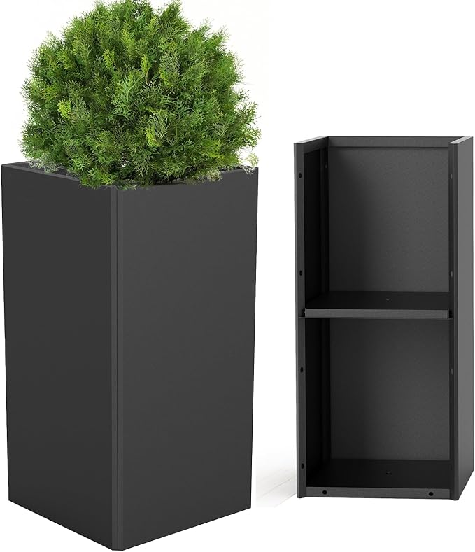 Tall Planters 26 Inch Square Metal Plant Pot with Removable Insert Shelf and Drainage-Modern Tall Black Planters for Indoor & Outdoor-Front Porch,Patio,Garden (14" L X 26" H)