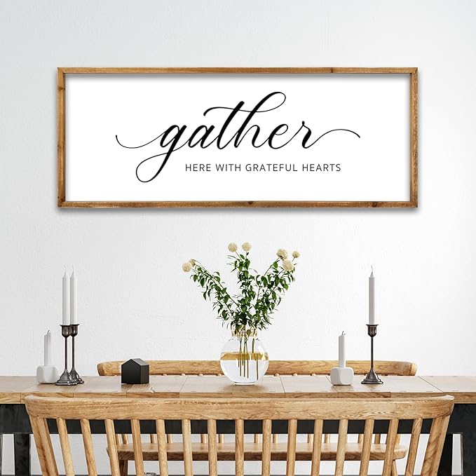 ZZJJHYWGQ Gather Here With Grateful Hearts Sign Rustic Farmhouse Wall Art 32"×12" For Dining Room kitchen Family Gathering Thanksgiving Decor Minimalist Large Wooden Framed Hanging Art (Wood)