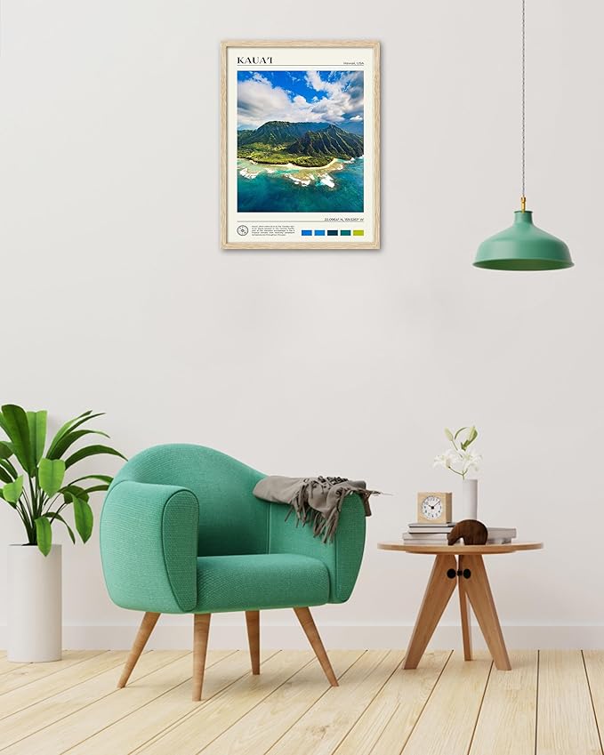 HesenDot Natural OAK Wood Framed Hawaiian Archipelago Wall Art,12x16in Kauai Quality Canvas Wall Print,Classic Urban Landmark Wall Decor for Living Room,Bedroom,Office Gallery Set of 1