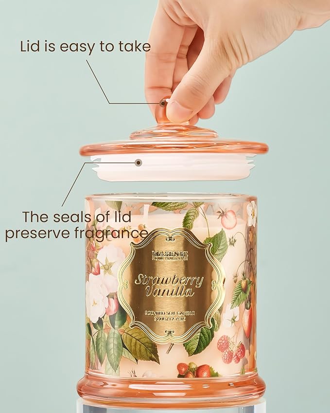 M&SENSE Strawberry Vanilla Scented Candle, Natural Organic Soy Candle 12.7oz 75 Hour Long Lasting Slow Burning, Good Smelling Relaxing Aromatherapy Aaesthetic Gift for Women