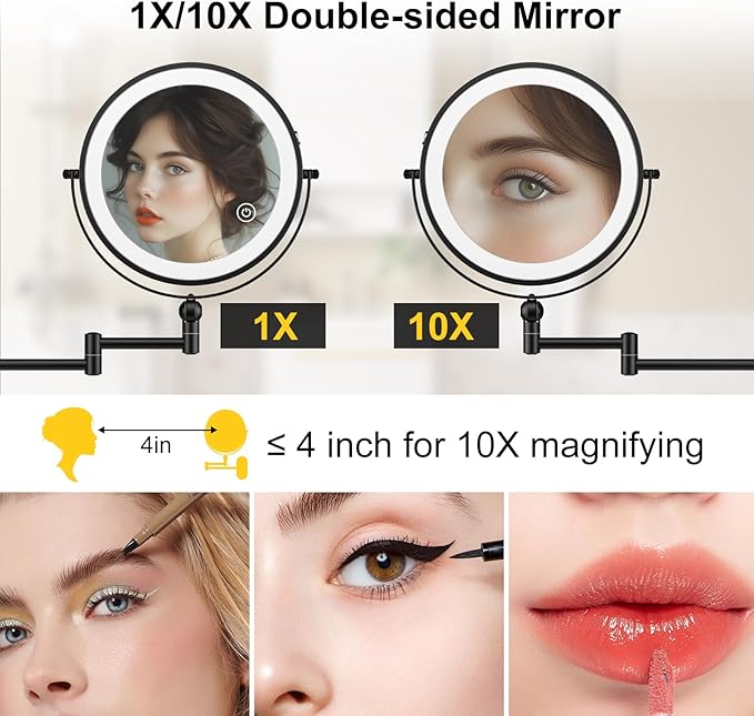 9" Wall Mounted Lighted Makeup Mirror,4000mAh Rechargeable Double Sided 1X/10X Magnifying Mirror with Light,3 Color Lights,Touch Dimmable,Extended Arm 360 Rotation Wall Mounted Makeup Mirror