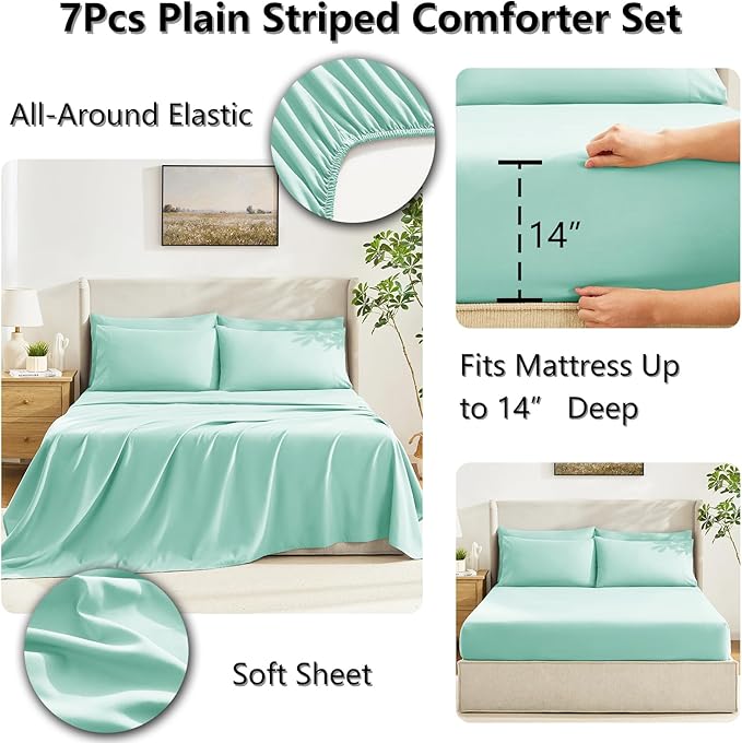 CozyLux Full Size Comforter Sets Mint Green, 7 Pieces Bed in a Bag, Green Comforter Full Size, All Season Bedding Sets with Stitch Quilted Comforter, Flat Sheet, Fitted Sheet, Pillowcases
