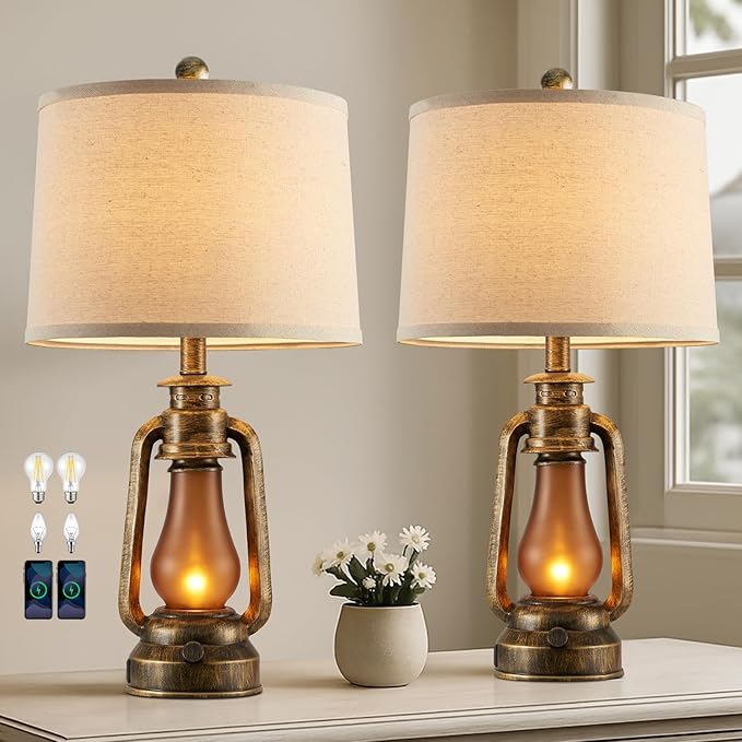 RORIANO 25" Set of 2 Rustic Lantern Table Lamps for Living Room Bedroom, 2 USB Ports Farmhouse Vintage Bedside Desk Lamp Nightlight for Entryway Office End Table, 4 Bulbs Included