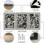 Abstract Floral Botanical Wall Art 16x24 Inch 3 Piece Black Vintage Boho Plant Flower Minimalist Wood Frame Sign Home Living Room Family Office Mid Century Print Wall Hanging Decor (Black)