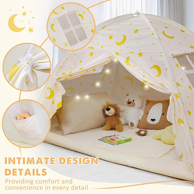Twin Bed Tent for Kids, Twin Size Bed Canopy with Star Lights, Privacy Space Blackout Sleeping Tents, Indoor Breathable Portable Bunk Bed Tent for Boys and Girls, Light Moon & Stars