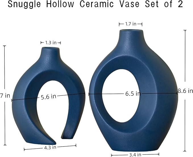 Levvohd Snuggle Hollow Ceramic Vase Set of 2, 8.4 inch Modern Nordic Coastal Shaped Pampas Grass Aesthetic Decorative Table Vases for Home Decor (Matte Navy Blue - M)