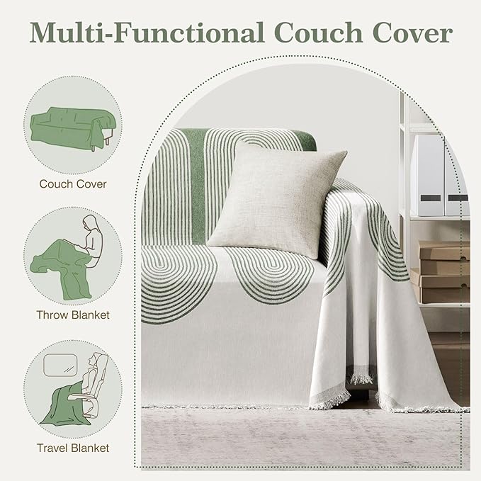 Couch Cover Boho for Dogs Washable Green Couch Covers for 2 Cushion Couch, Chenille Sectional Couch Covers L Shape Sofa Cover, Furniture Protector for Kids, Pets, Green 91" X118"