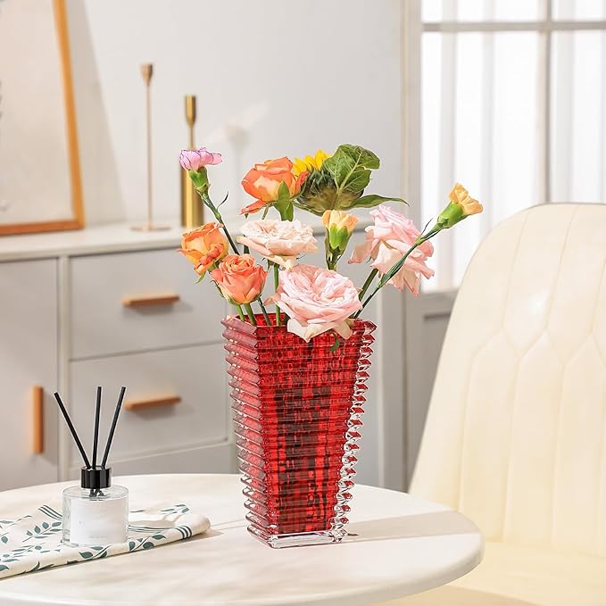 MCMCNCUIU Crystal Vase, Large Crystal Vases for Flowers, Red Large Flower Vase, Modern Glass Vases for Living Room, Bedroom, Kitchen, Dining Table, Mantle, Wedding, 9 Inches