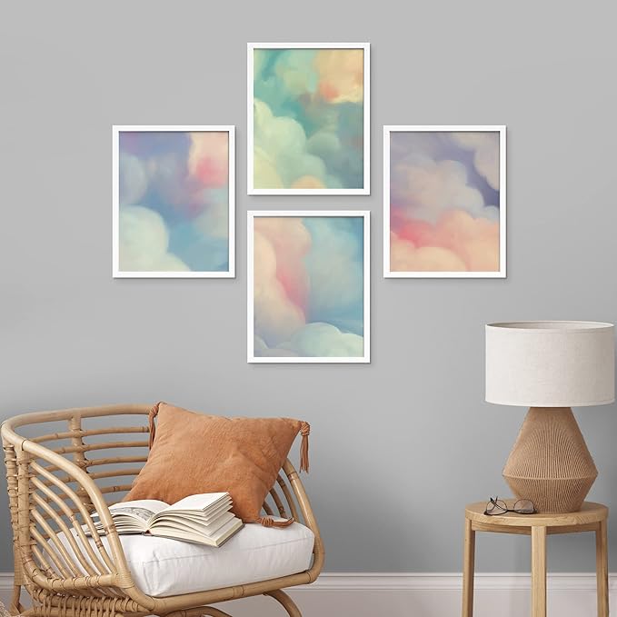 SIGNWIN Framed White Pastel Watercolor Rainbow Sky Clouds Wall Art, Set of 4 Abstract Geometric Wall Decor Prints, Nature Wilderness Wall D¨¦cor for Living Room, Bedroom - 12"x16" White