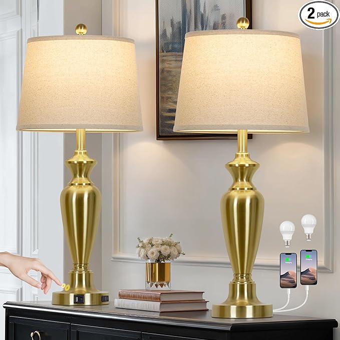 30" Tall Gold Table Lamps Set of 2, Touch Control Bedside Lamp with USB A+C Ports and AC Outlet, 3-Way Dimmable Modern Metal Nightstand Lamp for Bedroom Living Room, 2 LED Bulbs Included